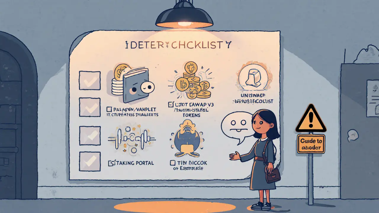 Cartoon character beside a wall checklist showing wallet, swap, staking, Discord, and risk icons.