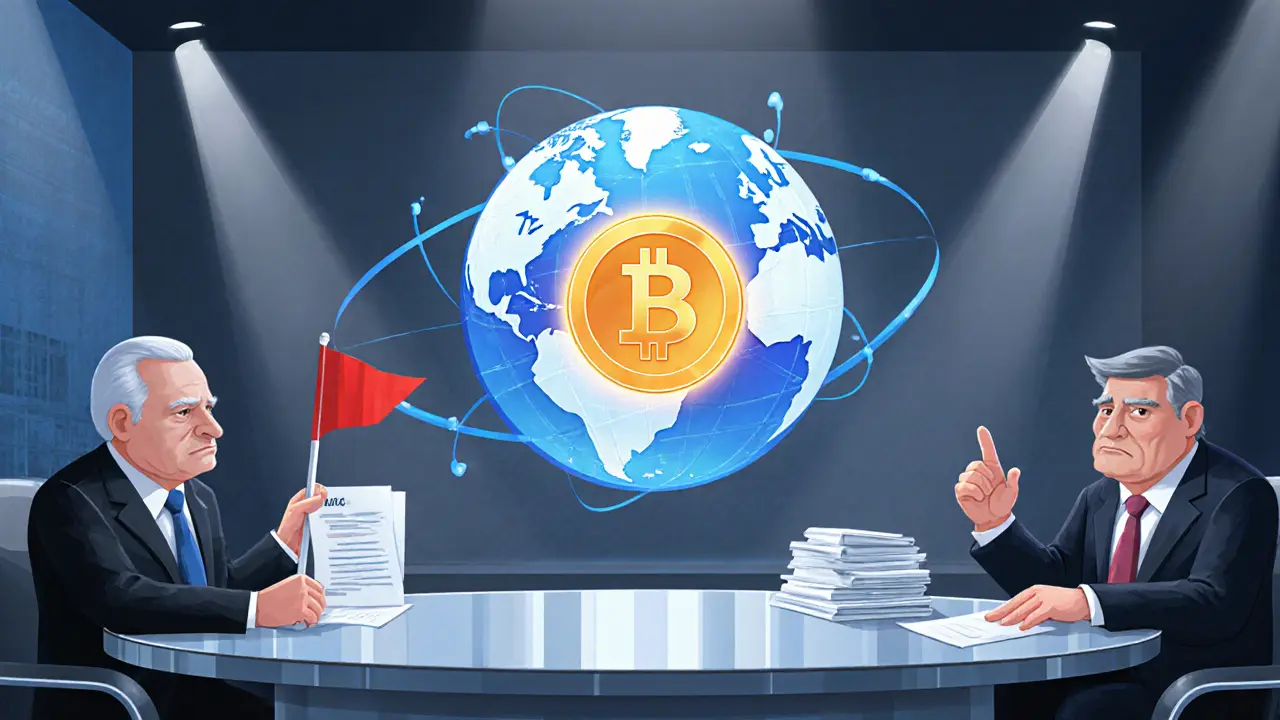 Cartoon financial officials from IMF, World Bank, and FATF discuss a glowing Bitcoin symbol at a conference table.