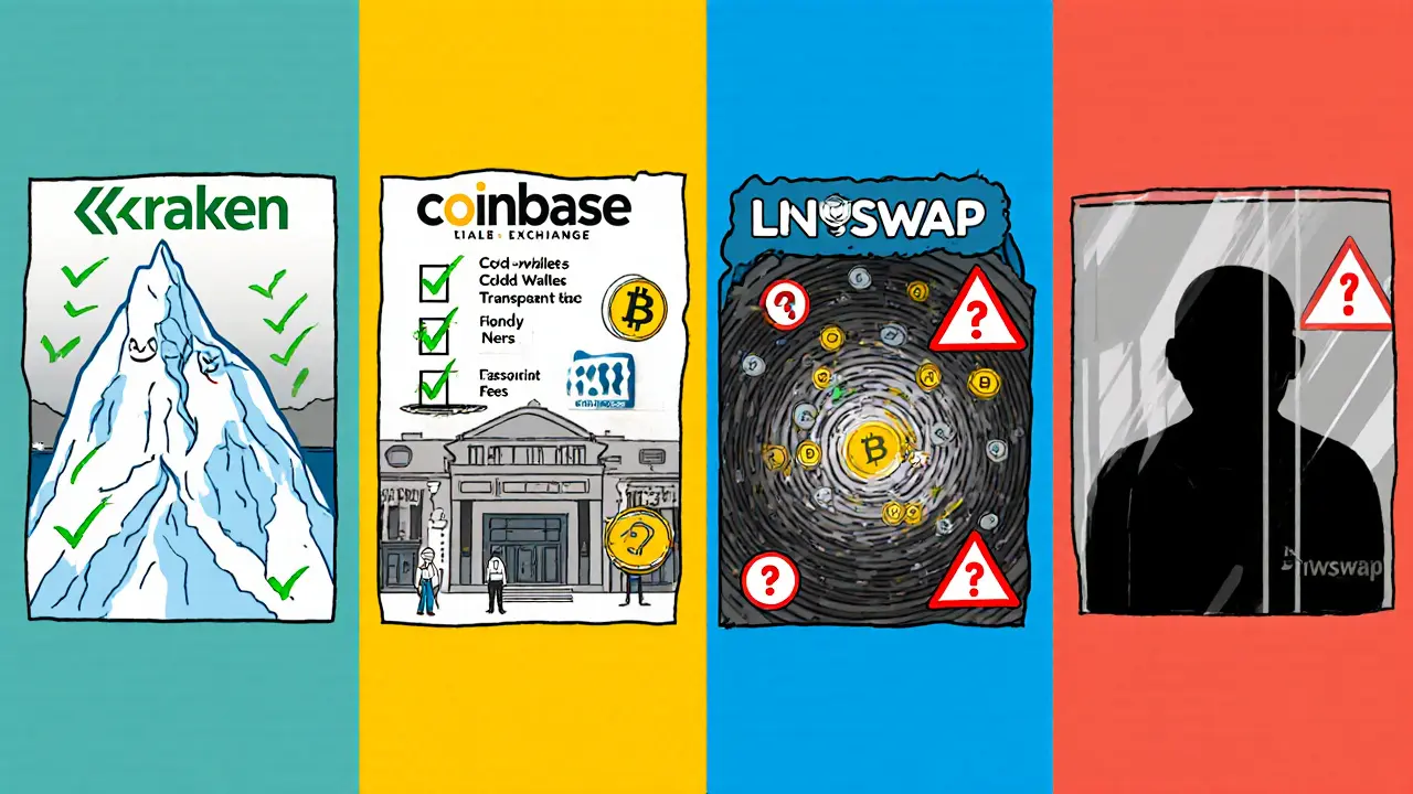Cartoon panels compare Kraken, Coinbase, Uniswap and LFWSwap, showing red warnings for LFWSwap.