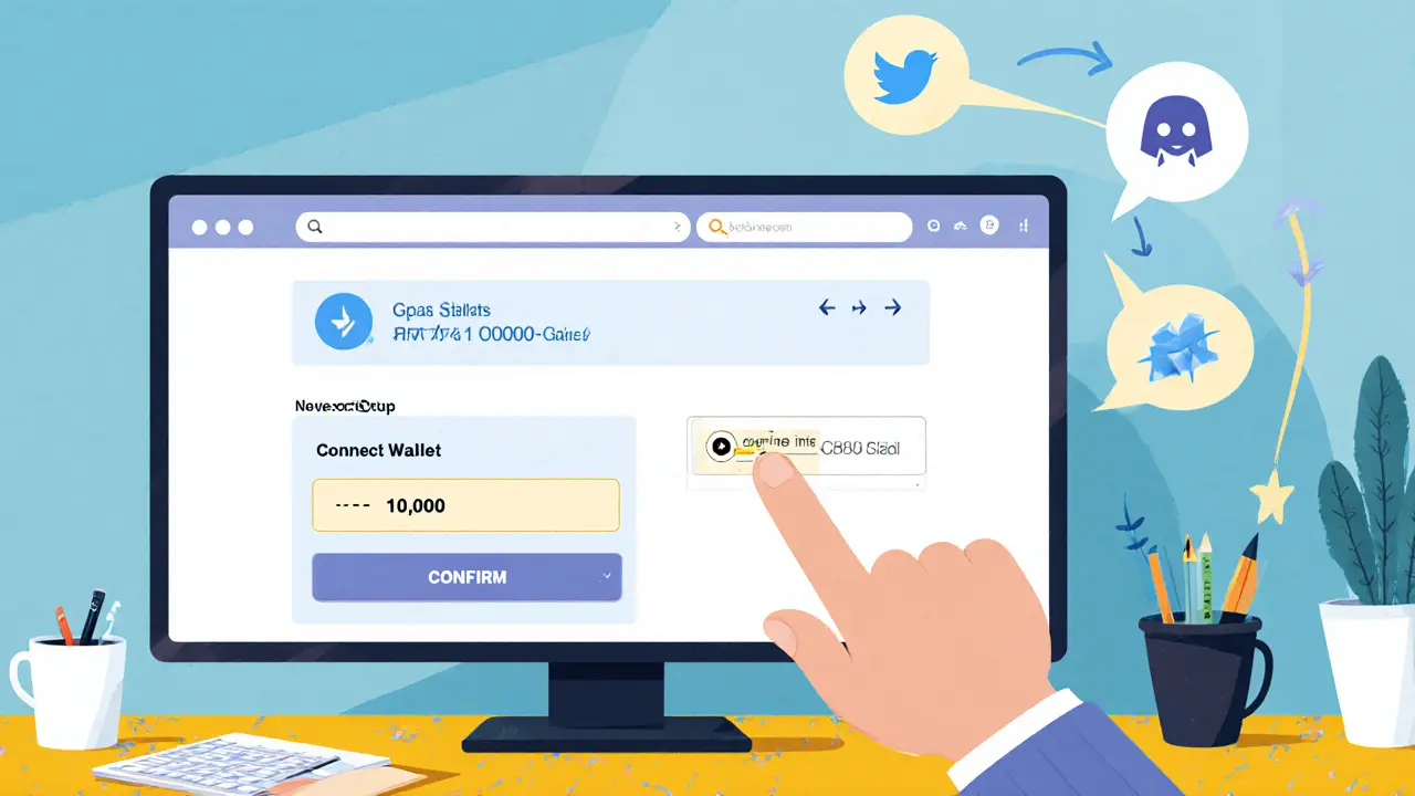 Cartoon scene of a user claiming RACA tokens on a computer with wallet UI.