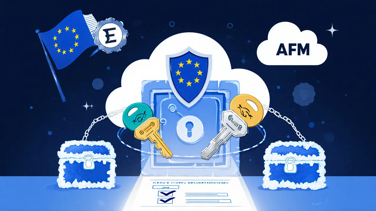 Cartoon vault with multi‑signature keys, cold wallets, and EU/AFM symbols showing security.