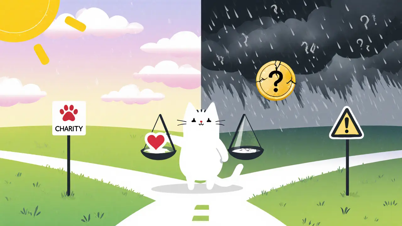 Cat at a crossroads under clouds, holding a scale between charity and risk symbols.