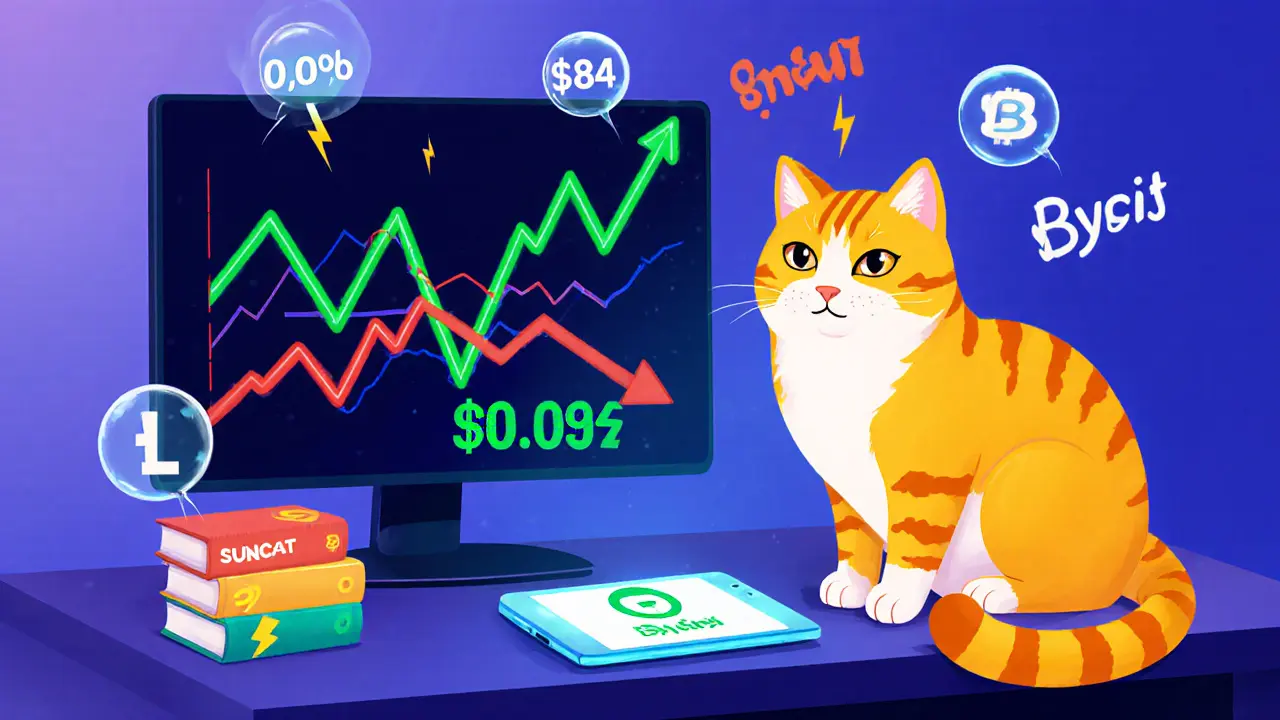 Cat on trader's desk with wallet tablet, exchange monitor, and floating price bubbles and a line chart.