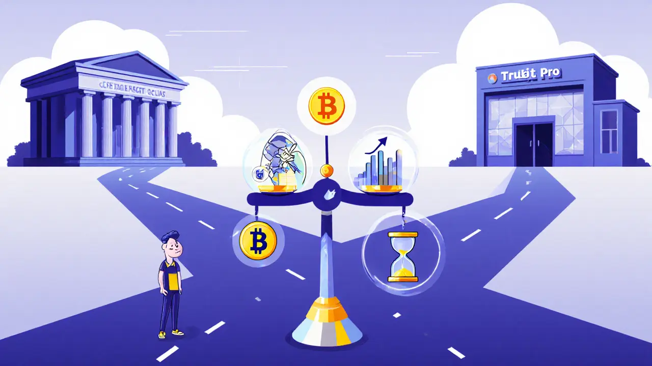 Character at a scale weighing TruBit Pro pros and cons at a crossroads.