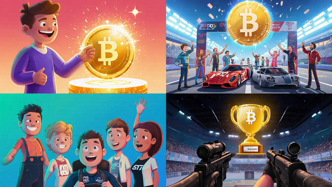 Collage of characters staking, voting in DAO, winning a racing trophy, and receiving a CS2 token reward.