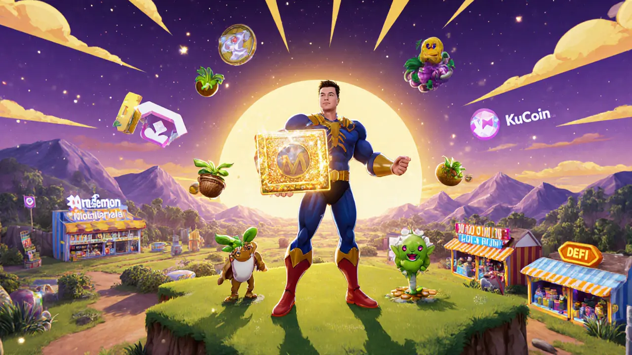 Hero avatar holding a mystery box surrounded by NFTs and DeFi symbols in a virtual world.