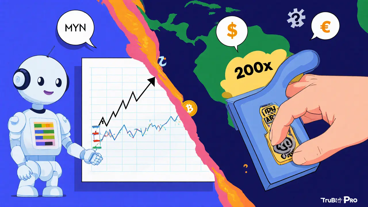Robot gridâbot and 200x leverage lever animation over a Latin America map.