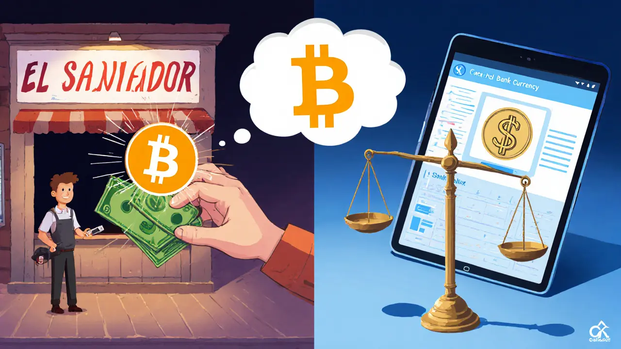Split illustration of a shop converting Bitcoin to dollars and a tablet displaying a stable CBDC interface.