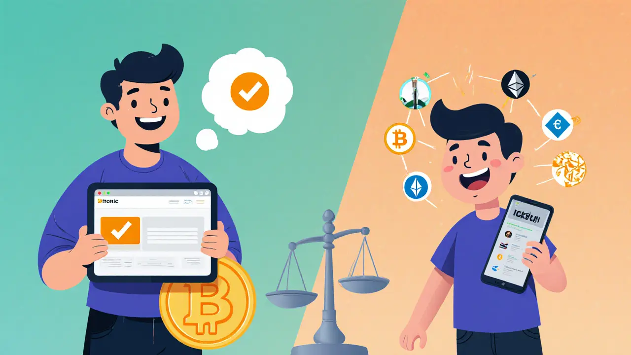 Two characters comparing Bitonic's simple Bitcoin‑only platform to a multi‑asset exchange.