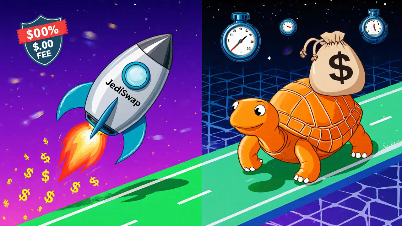 Rocket labeled JediSwap racing a turtle labeled Uniswap, showing fee differences.