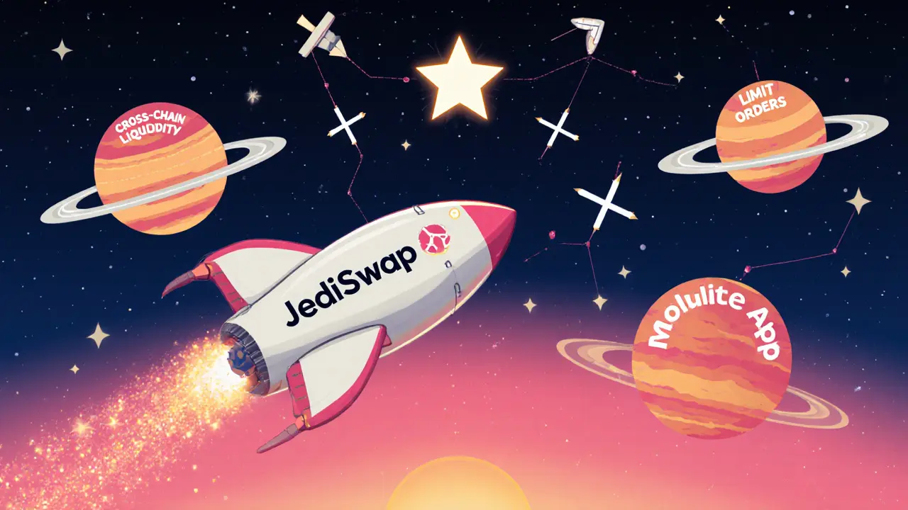 Spacecraft JediSwap flying toward planets named future features.