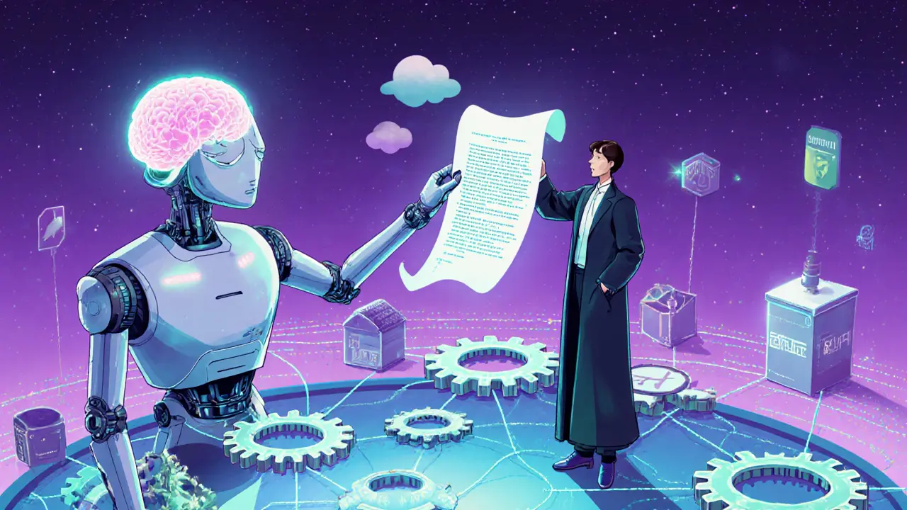 AI robot projecting contract code while lawyer holds parchment, surrounded by linked smart contract gears.