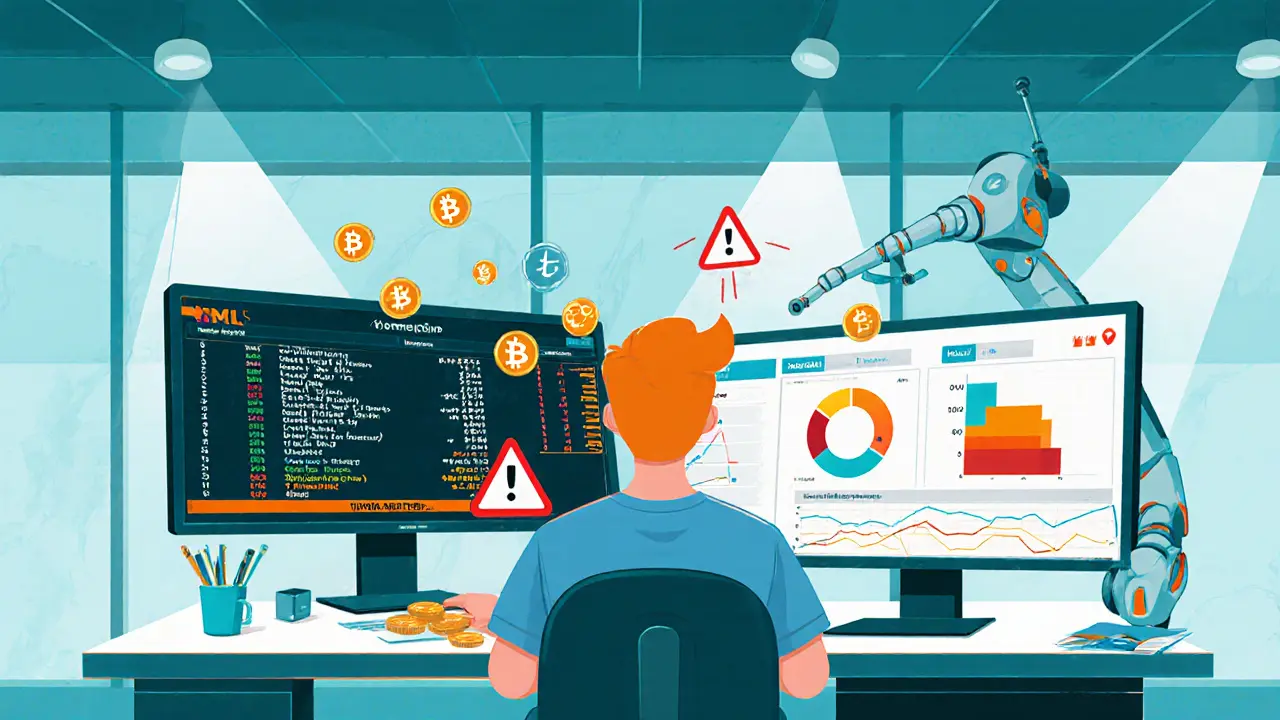 Cartoon analyst monitoring an XML feed and risk score dashboard with alert symbols.
