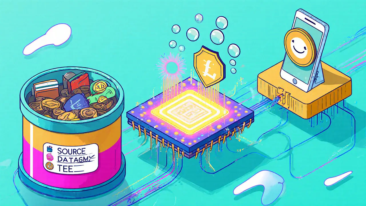 Cartoon pipeline shows Litentry’s data, TEE, and aggregation layers creating a credential.