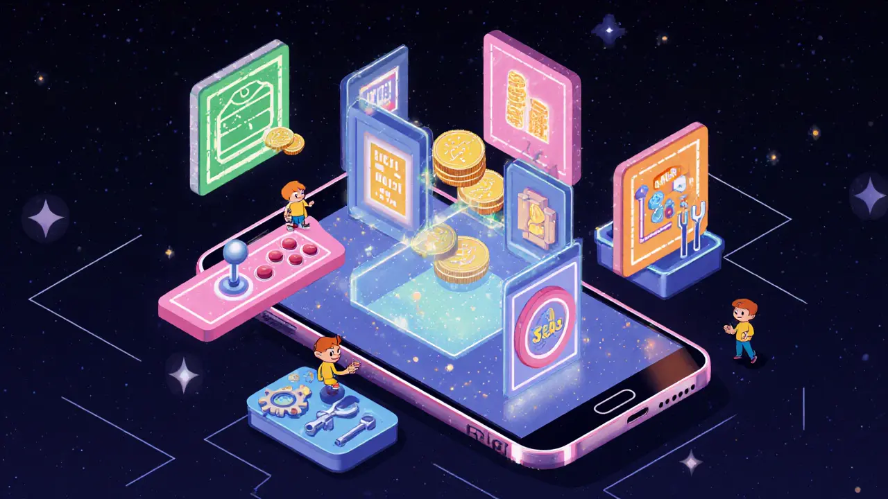 Cartoon superhub shows wallet, NFTs, games, and tools around a phone.
