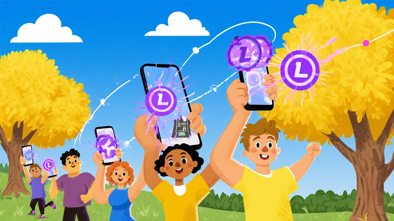 Friends in a park pass a referral code, tokens flow between phones.