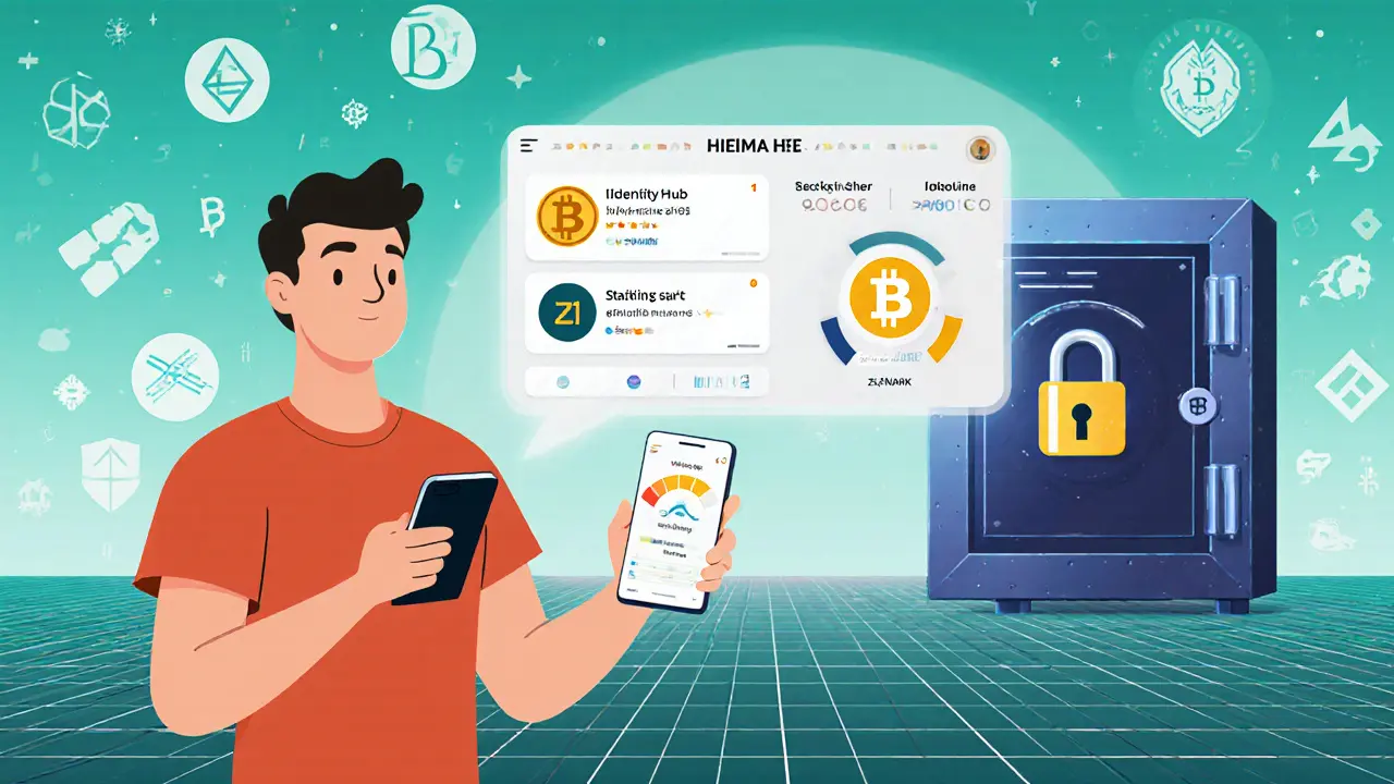 Future scene with mobile IdentityHub app, DeFi credit score, staking rewards, and zk‑SNARK vault.