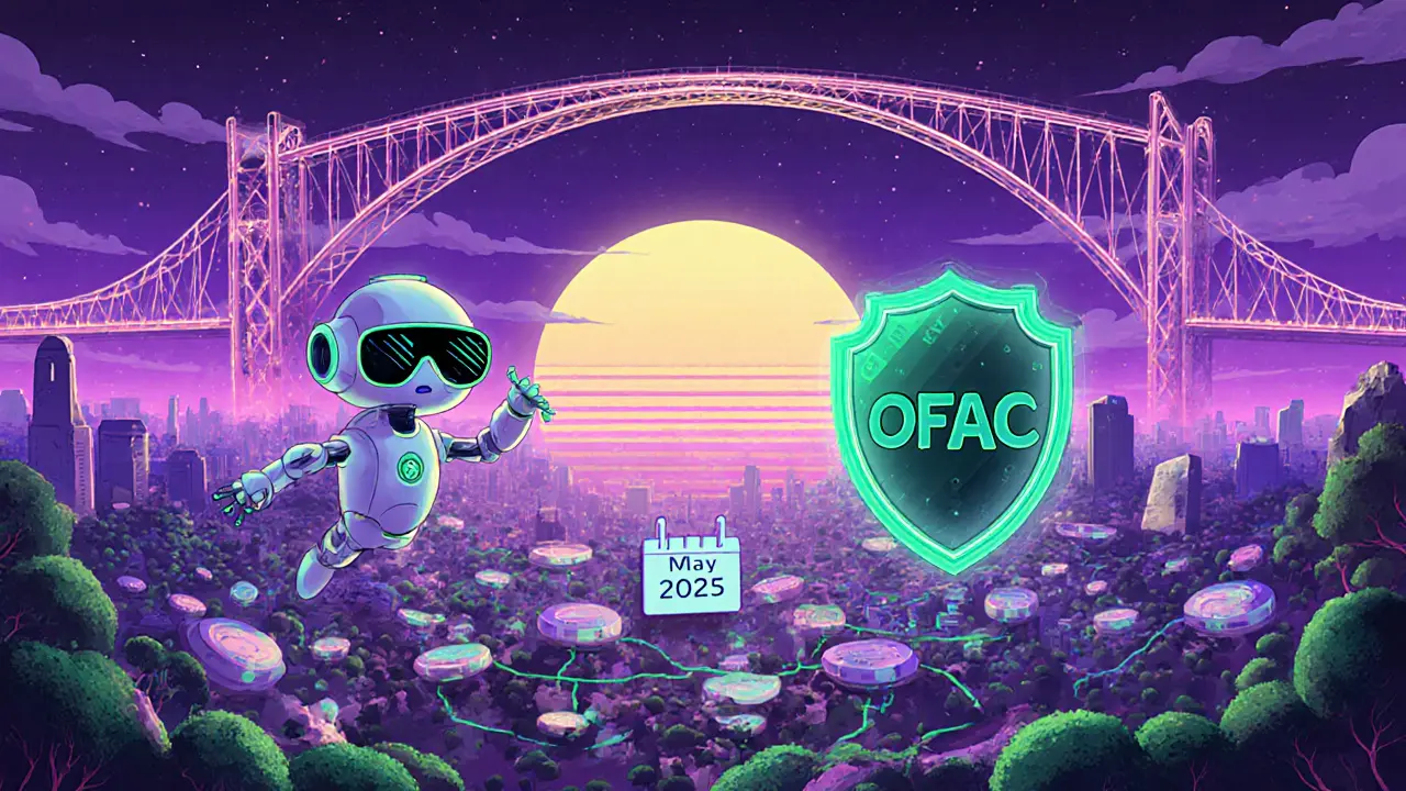 Futuristic DeFi scene with AI bot, layer‑2 bridges, and OFAC shield over blockchain nodes.