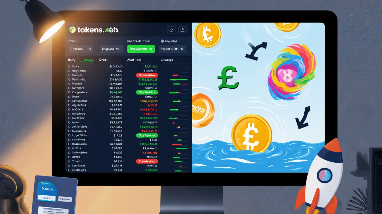 Illustration of Tokens.net’s hybrid screen showing order book beside a DEX pool with euro and pound symbols.