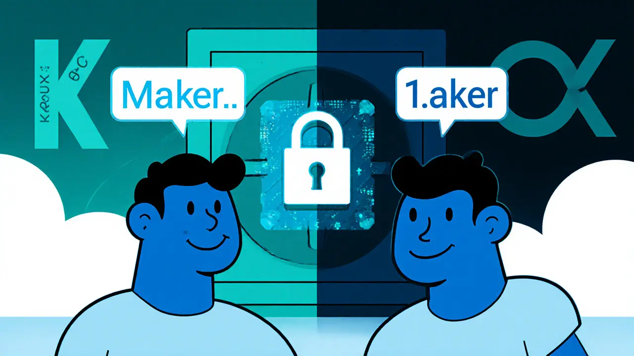 Maker and taker characters with fee tags, a vault, 2FA code, and distant Kraken and OKX silhouettes.