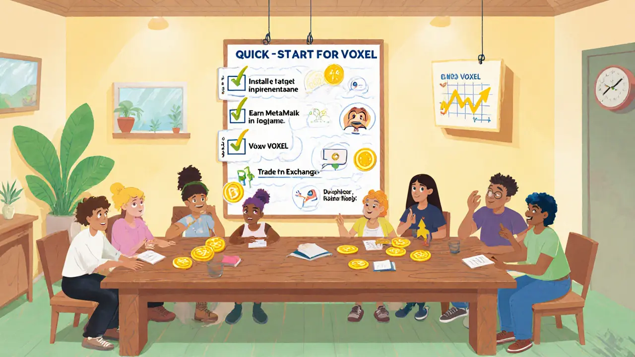 Players gathered around a checklist board discussing VOXEL steps in a cozy room.