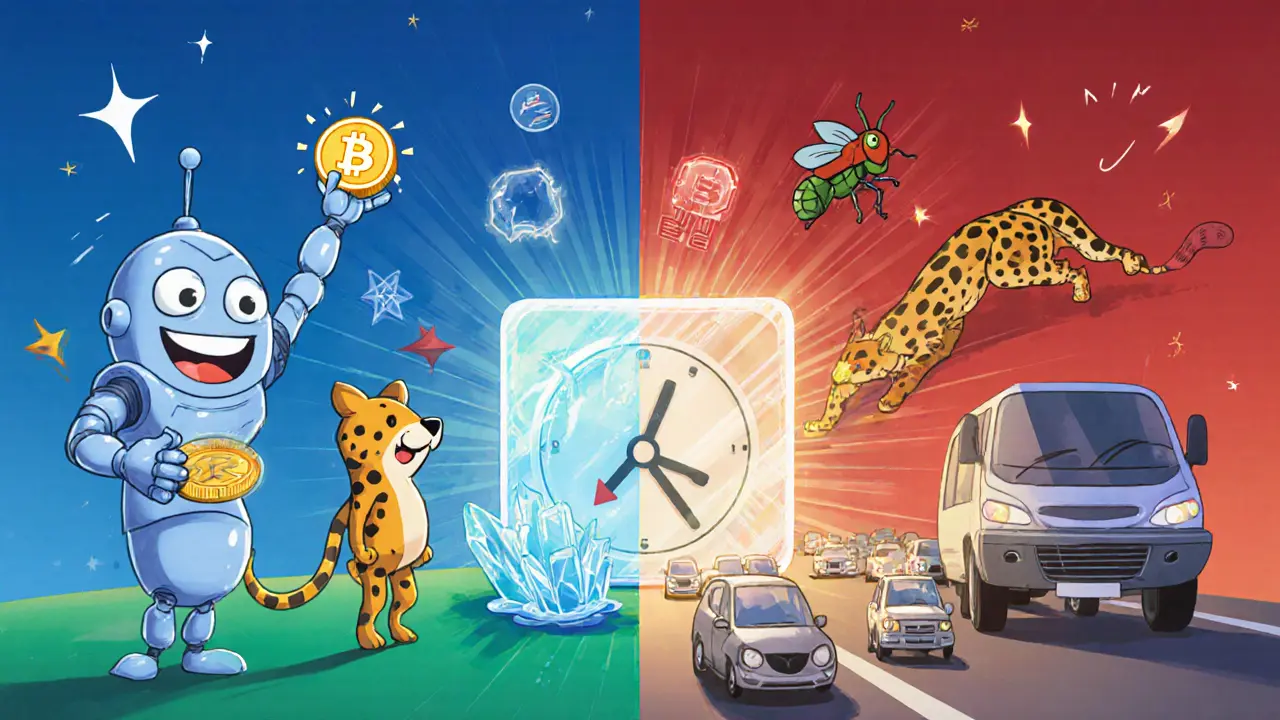 Split scene showing happy icons for benefits on left and worried icons for limitations on right.