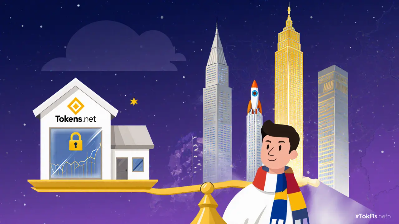 Trader weighing Tokens.net’s benefits against big exchanges, with symbols for security, launchpad, and low liquidity.