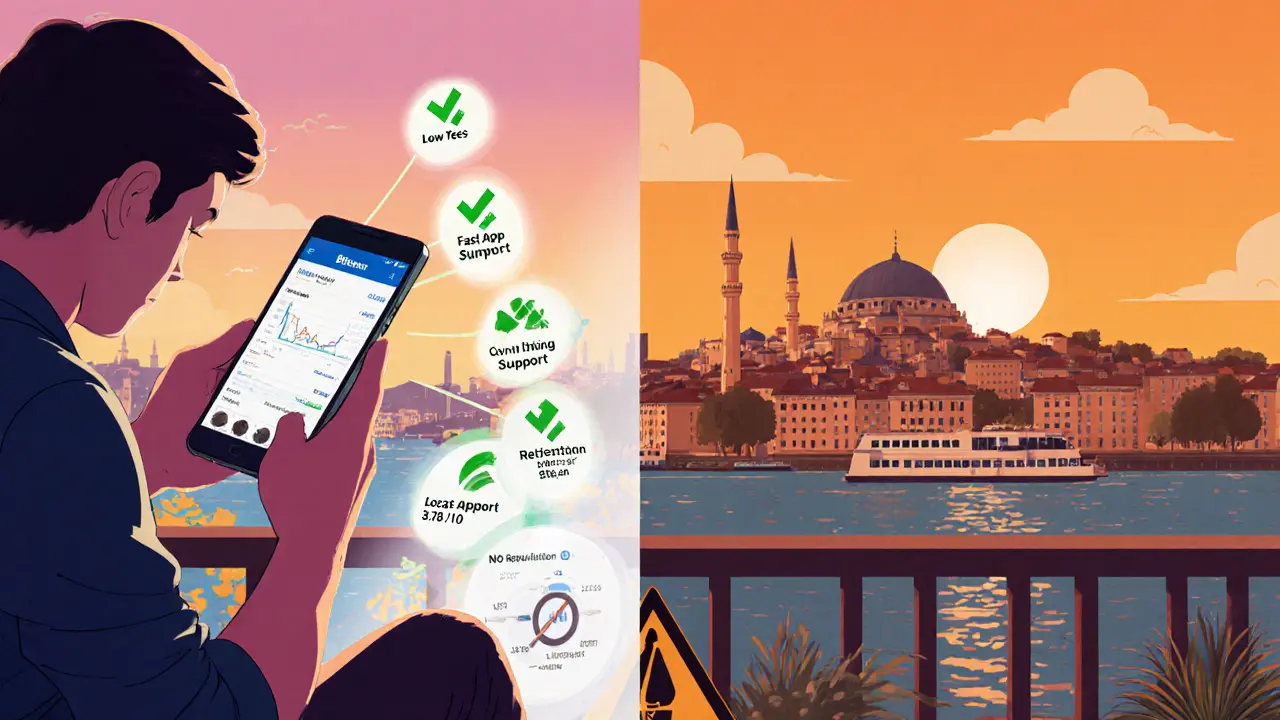 Turkish trader on a balcony using the Bitexen app, split view showing benefits and risk warnings.