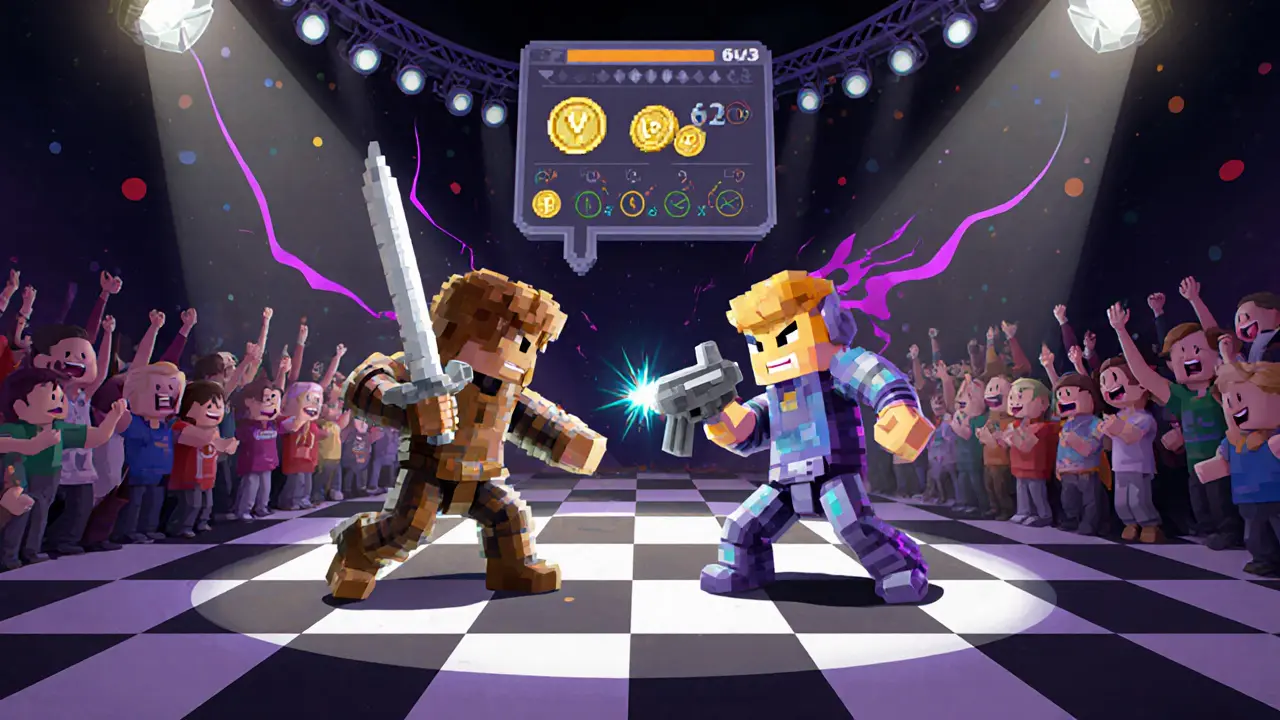 Two voxel heroes battling in an arena with a token tally bubble above them.