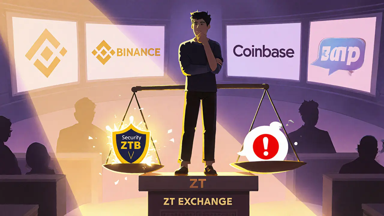 User balances security shield and warning signs on a scale, contemplating ZT Exchange.