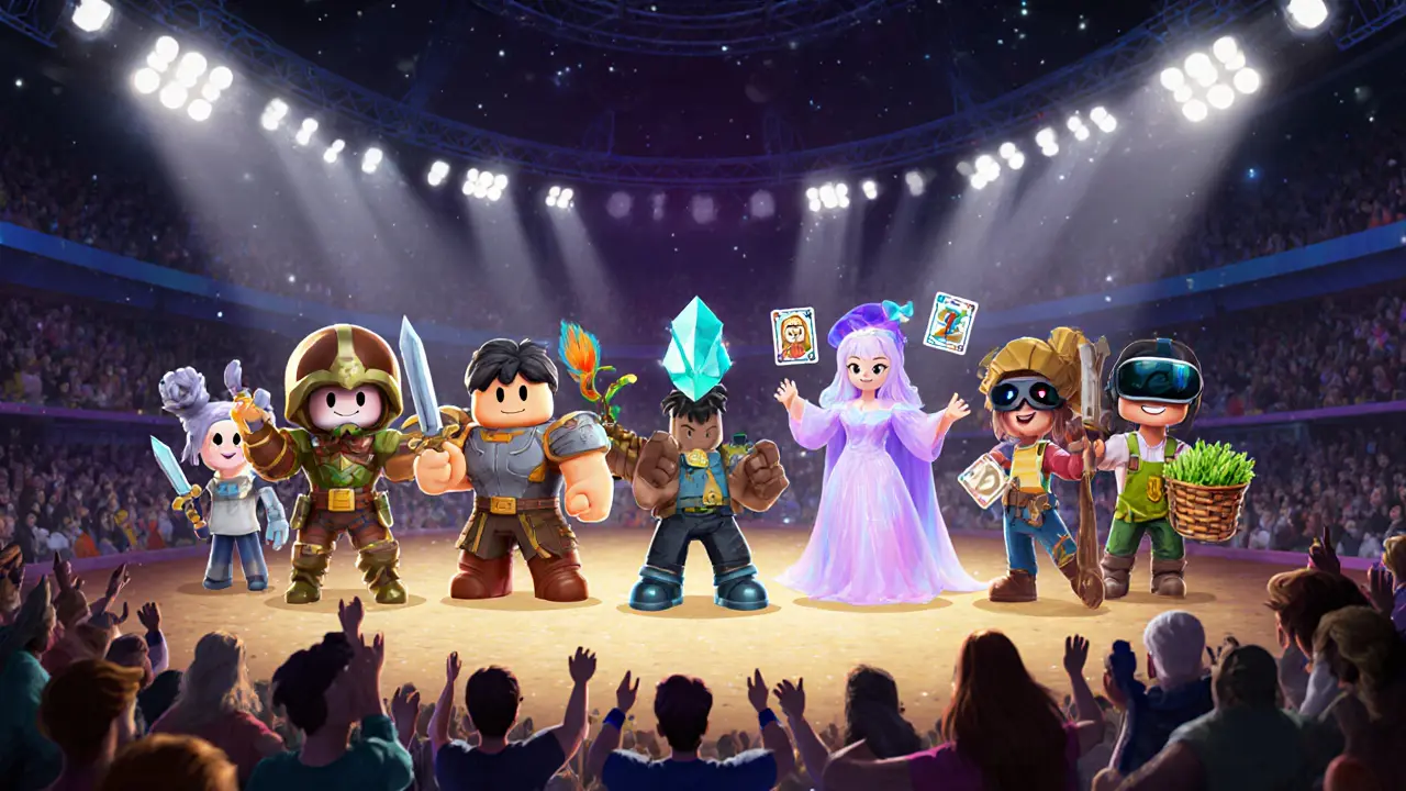 Arena of cartoon characters representing eight top NFT games.