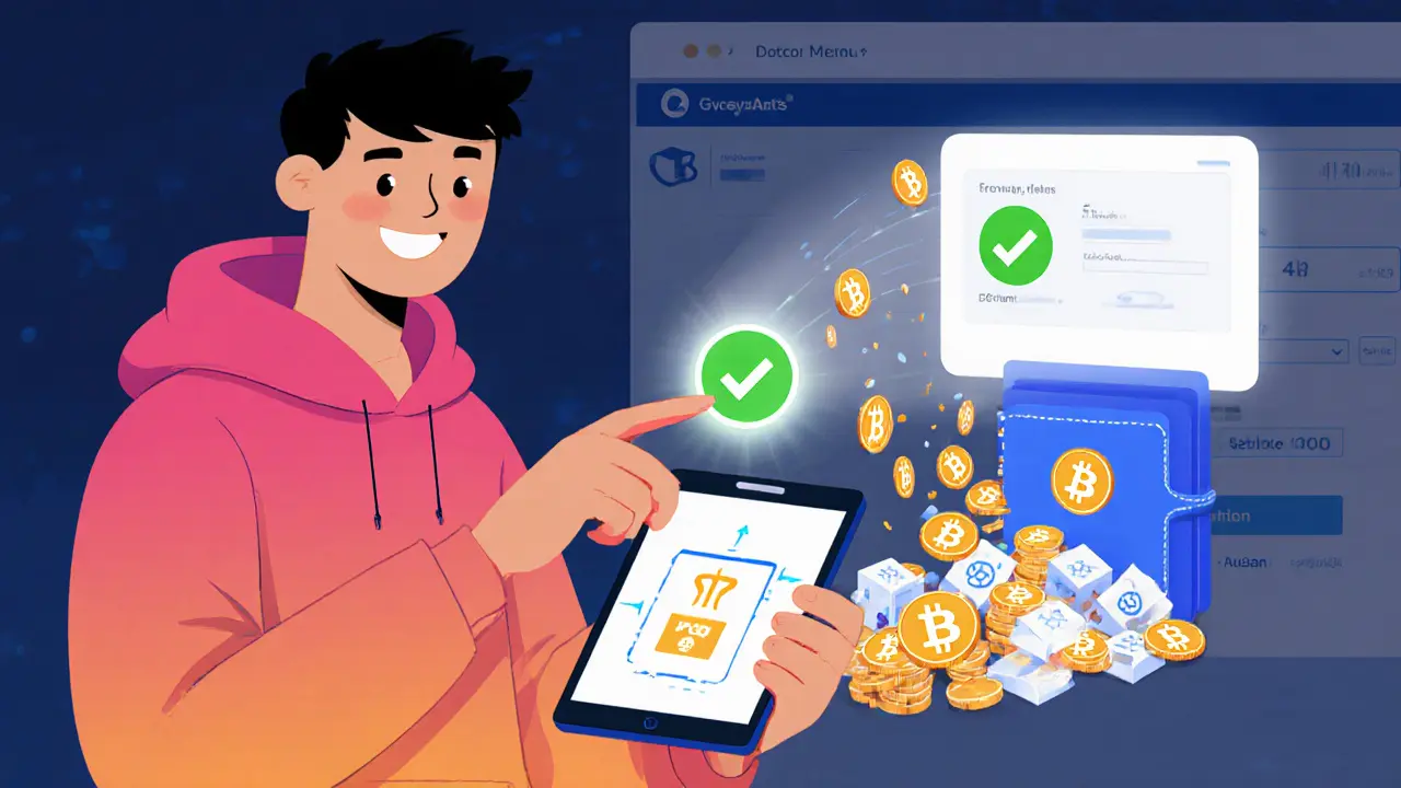 Avatar connects a wallet, sees a green check, and receives BUSD coins and NFT boxes.