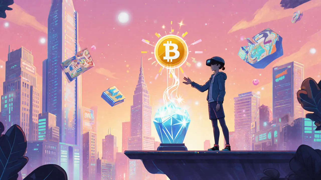 Avatar in a futuristic virtual marketplace staking a glowing DVI token.