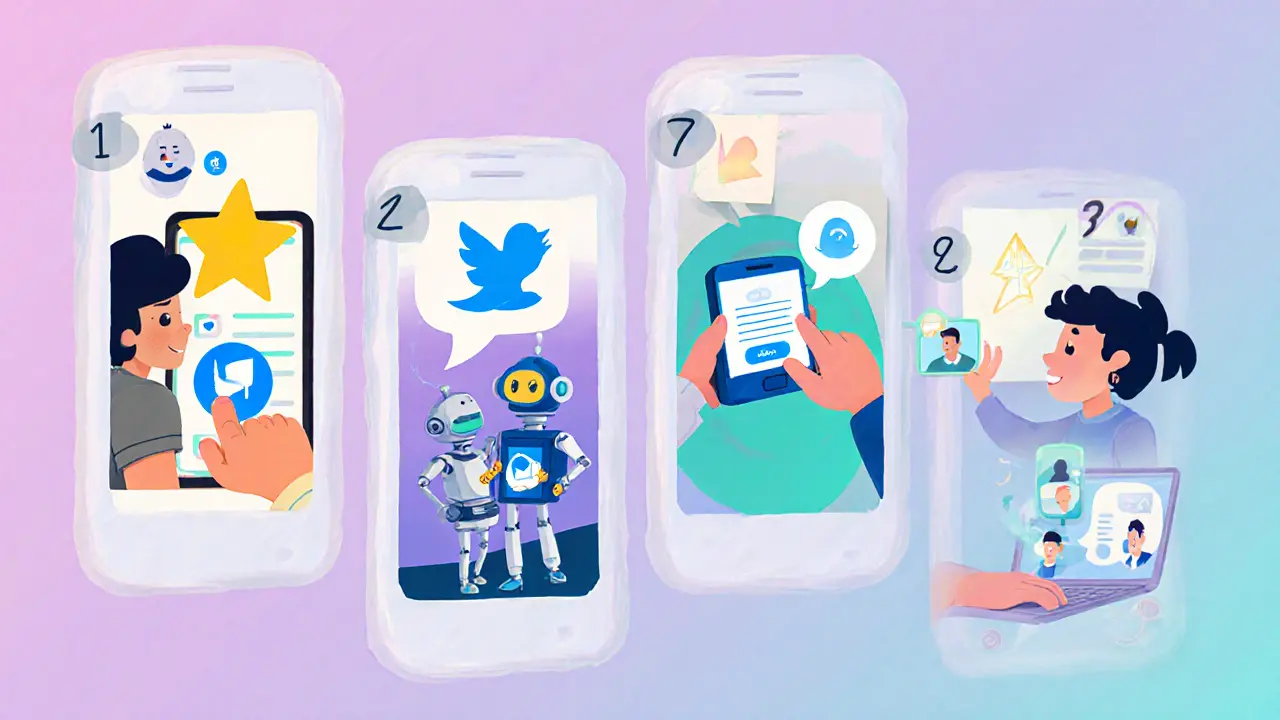 Cartoon montage of five verification steps: watchlist, Twitter, Telegram, retweet, email.