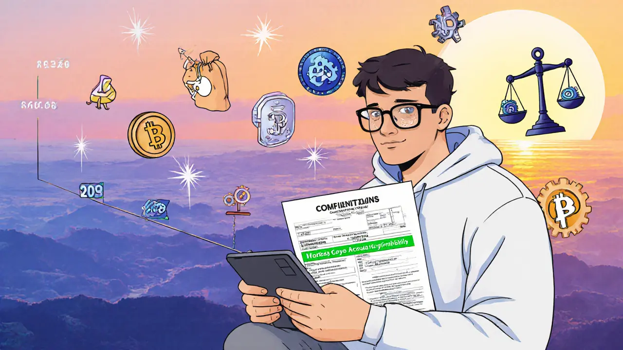 Cartoon trader viewing a tax form with auto‑added crypto line, surrounded by compliance and stability icons.