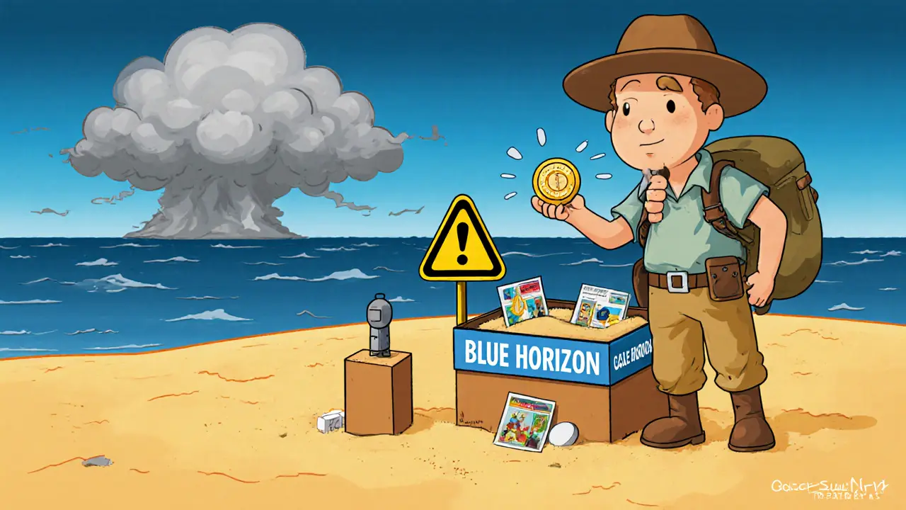 Explorer holding a tiny token near a sandbox with a caution sign.