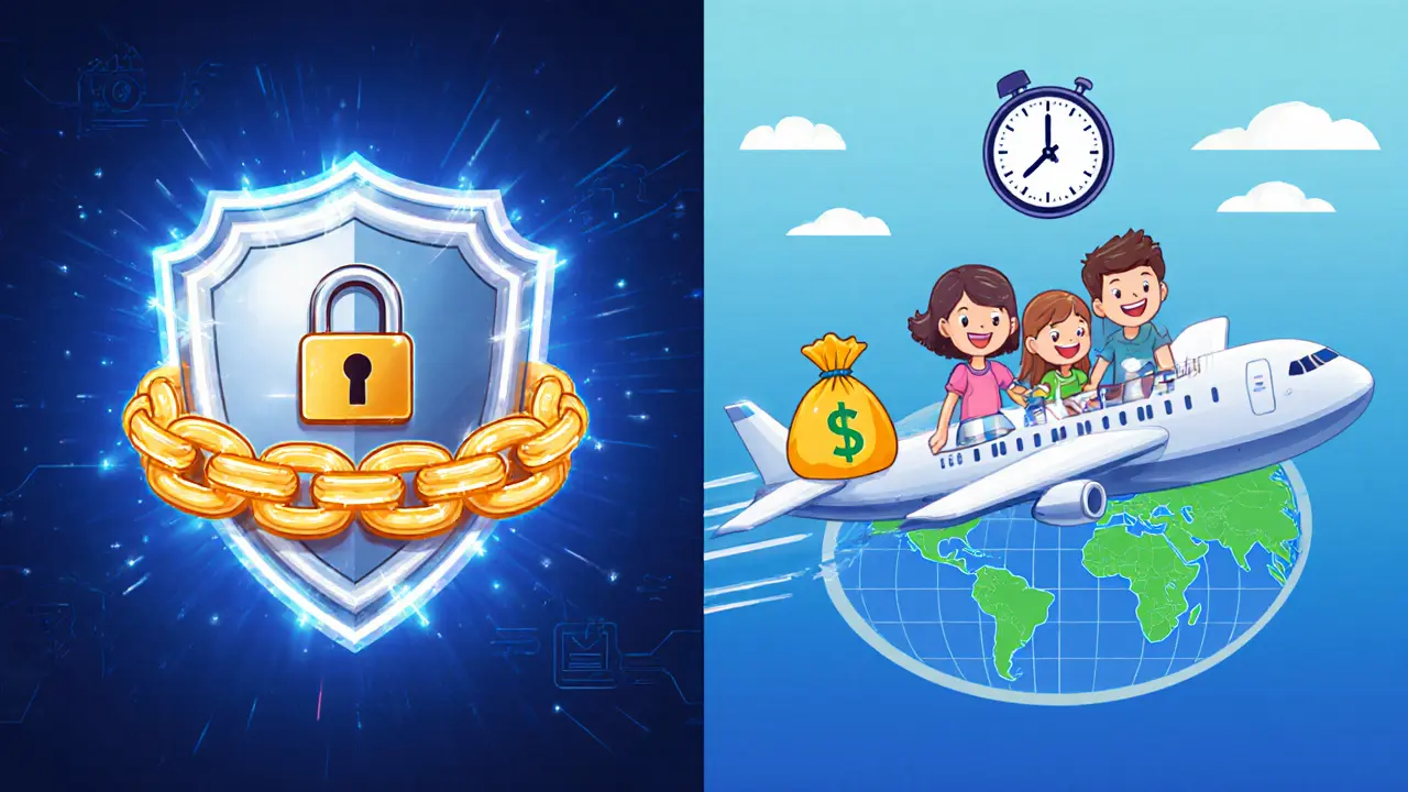 Split scene showing blockchain security shield and fast cross‑border payment animation.