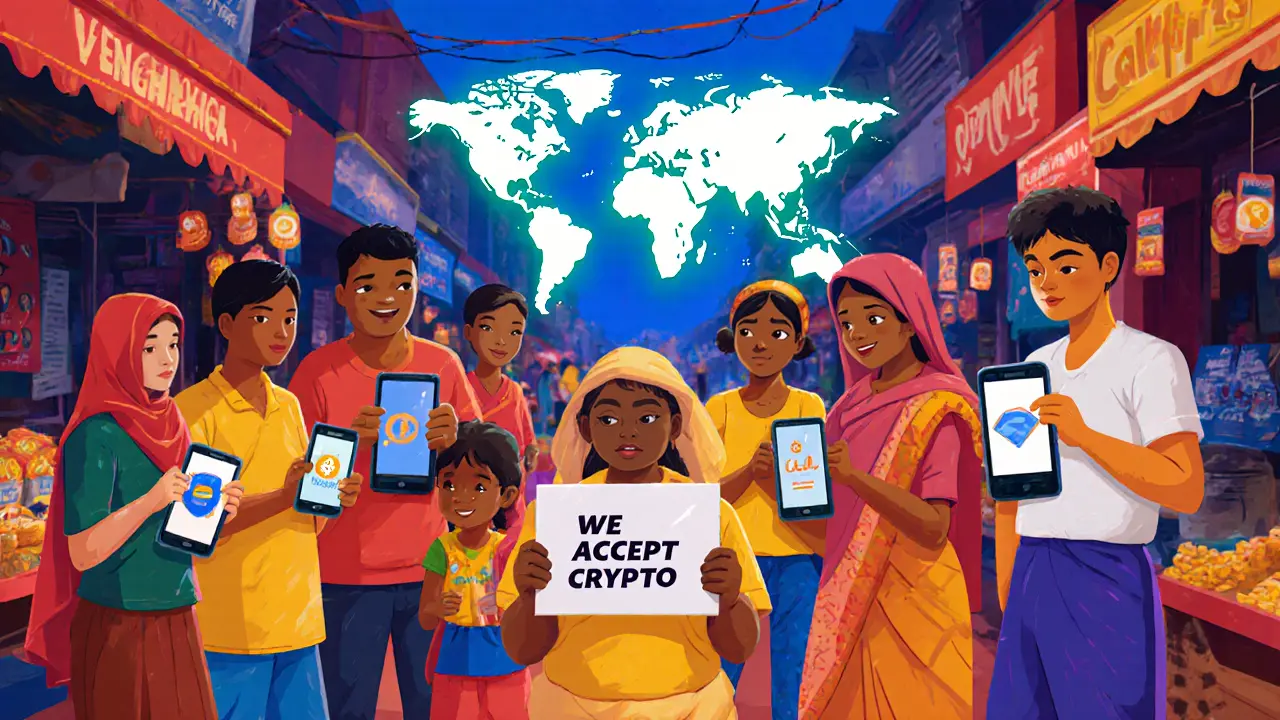 Street market scene with vendors and shoppers using smartphones for crypto payments.