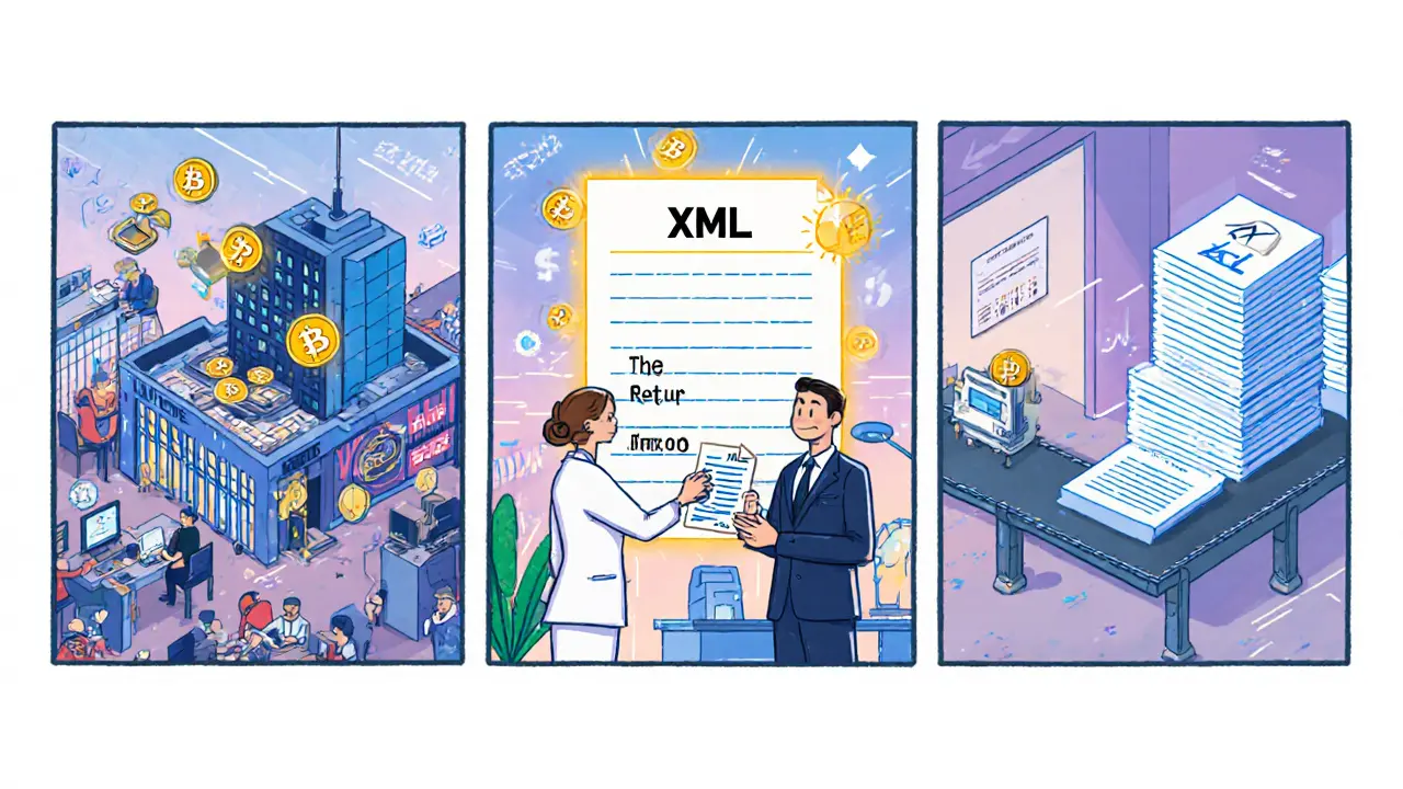 Three‑panel cartoon of a crypto exchange sending XML data to a national tax office, then to a foreign tax authority.