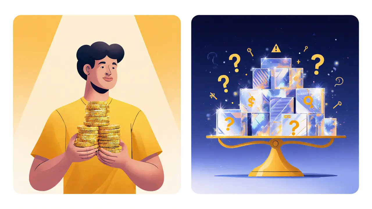 Twoâpanel scene shows guaranteed BUSD reward on left and speculative NFT boxes on right.