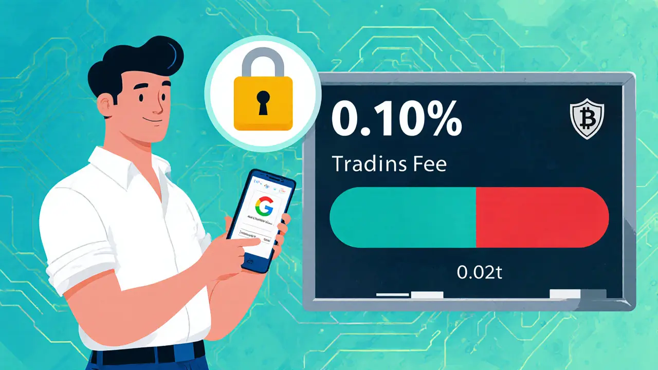 Cartoon character setting up 2FA on a phone while a fee chart shows 0.10% trade fee and high BTC withdrawal fee.