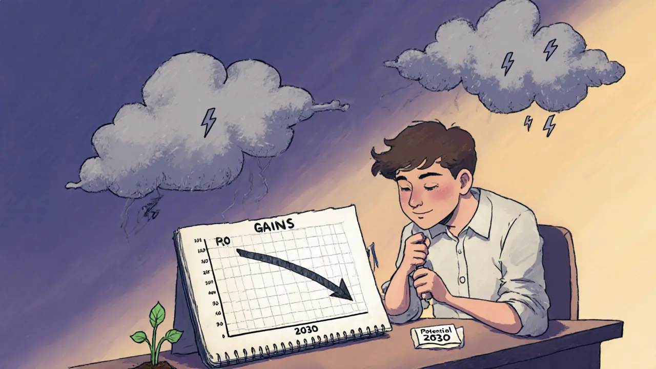 Cartoon investor looking at a bearish chart with cloudy background.