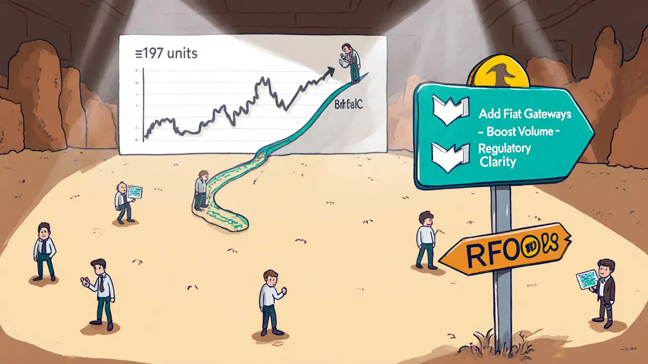 Cartoon scene of a sparse trading floor with a low-volume graph and a roadmap hinting at future growth.