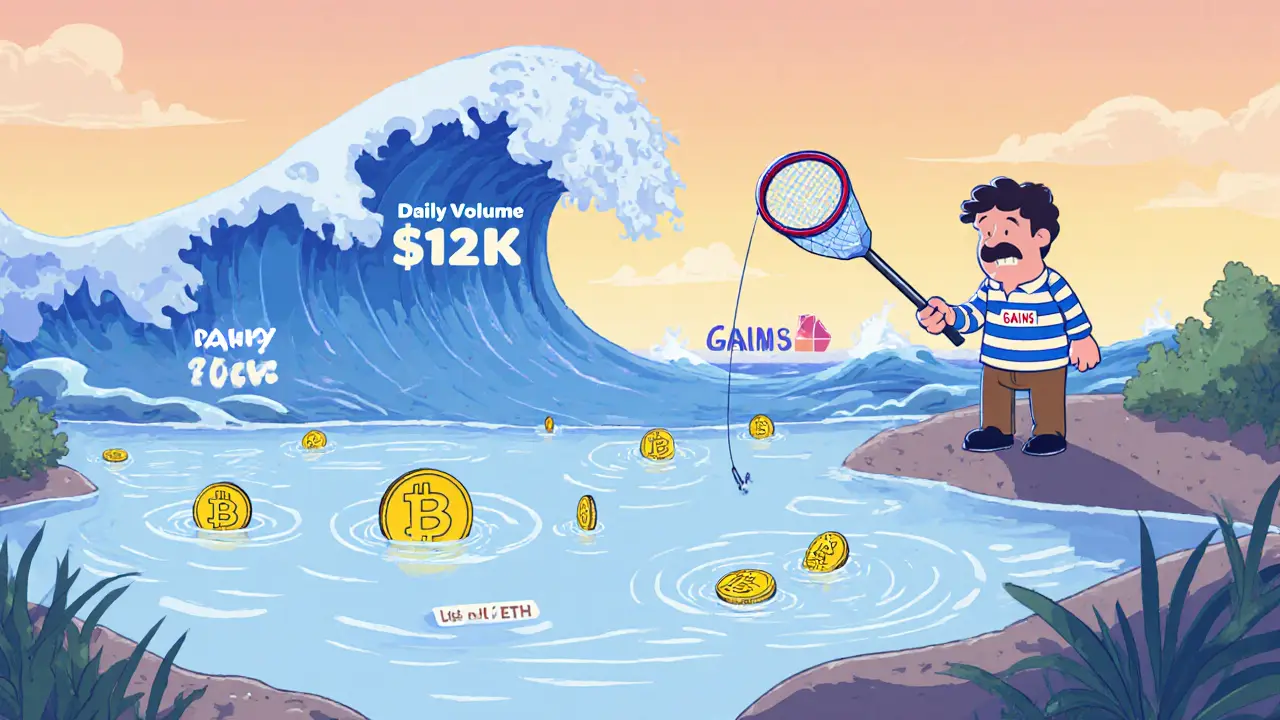 Cartoon trader with net in a shallow pond of few GAINS tokens.