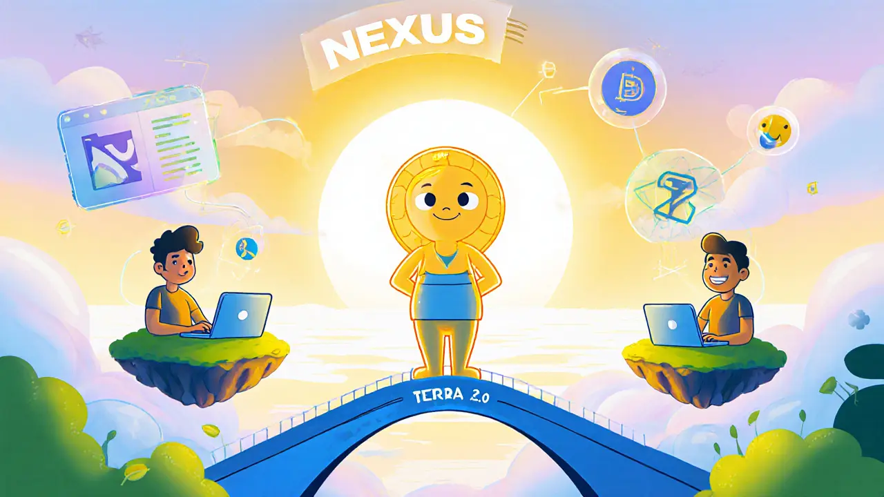 Luna on a glowing IBC bridge with developers coding, sunrise signaling Terra 2.0's hopeful future.