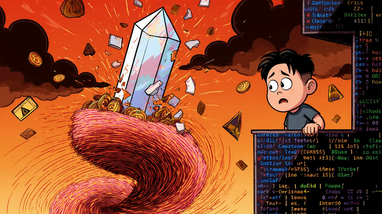 Shattered UST crystal and spiraling LUNA coins with a worried Do Kwon watching the crash.