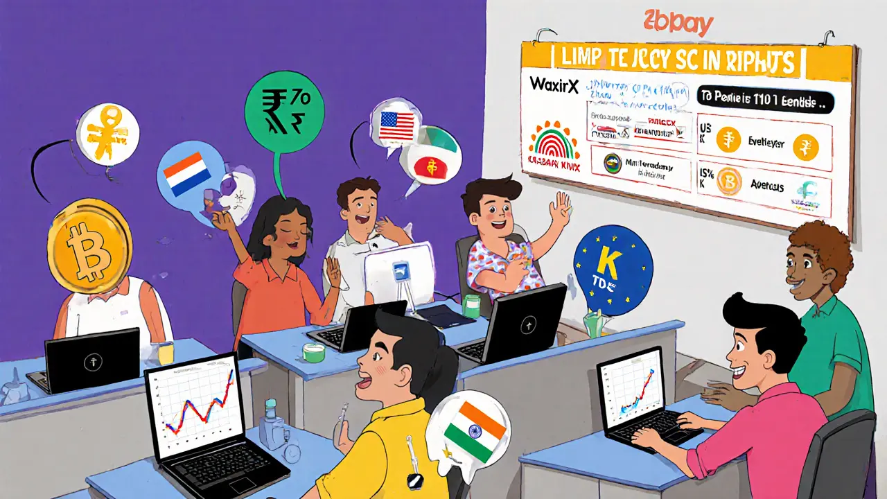 Busy Indian crypto exchange office with traders, KYC stations, and tax rate board.