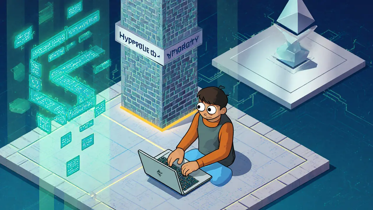 Cartoon of a developer coding Solidity with Hyperliquid tower and Ethereum plaza in the background.