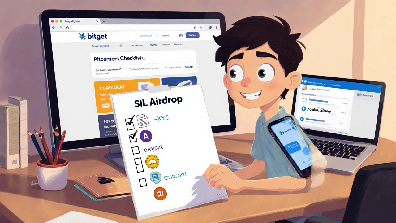 Crypto enthusiast checking a checklist for SIL airdrop steps with laptop and phone.