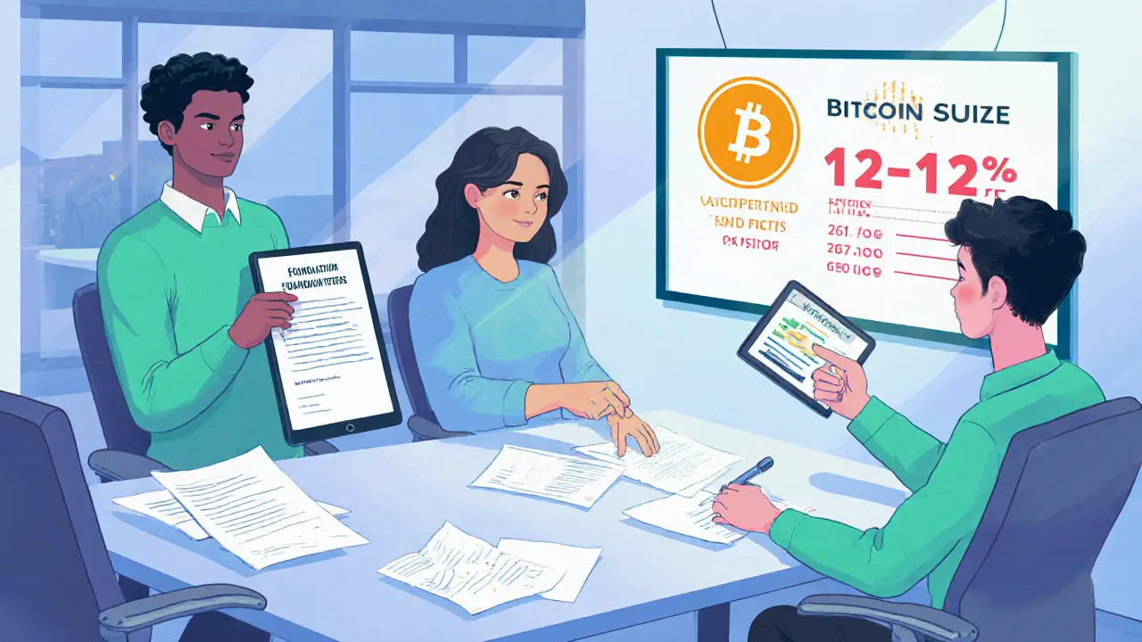 Founders reviewing foundation paperwork and FINMA licence in a coworking office.